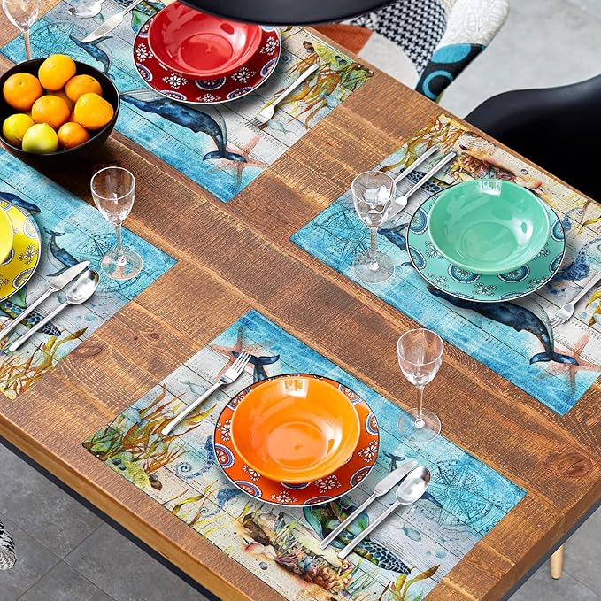 Giwawa Sea Life Placemats Set of 4- Sea Turtle Seahorse Whale Ocean Animal Place Mats- Vintage Compass Wood Board Heat Resistant Linen Table Mats 12"x18" for Dining Kitchen Summer Decoration