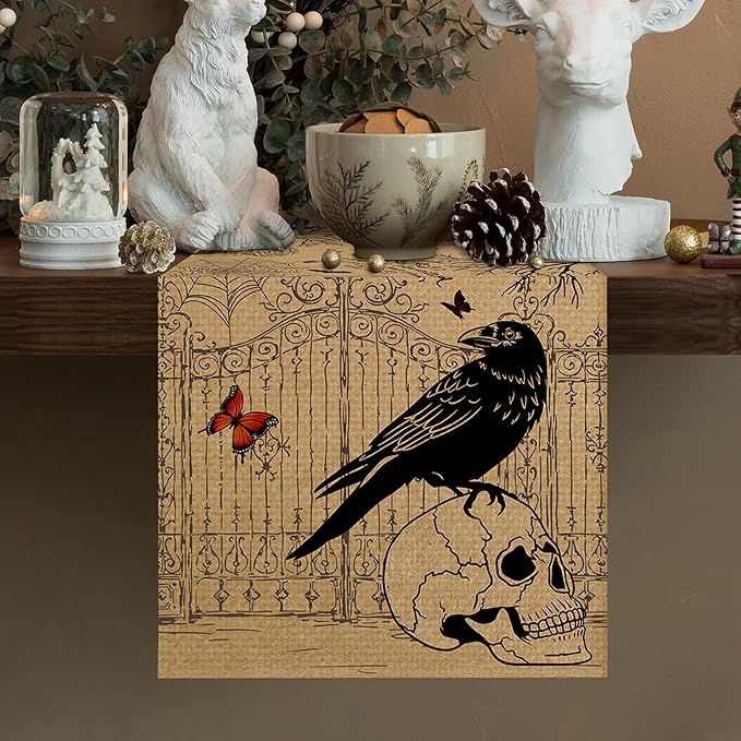 Halloween Haunted Burlap Table Runner Seasonal Spring Fall Kitchen Dining Linen Table Decoration for Indoor Outdoor Home Party Dinner 13x72 Inch