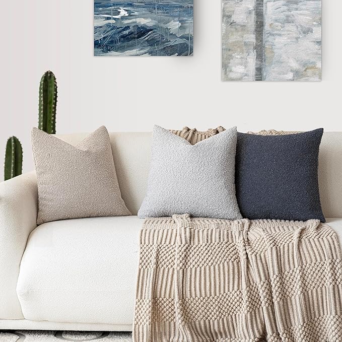 Foindtower Pack of 2, Decorative Textured Boucle Throw Pillow Covers Accent Solid Pillow Cases Cozy Soft Couch Cushion Case for Chair Sofa Bedroom Living Room Home Decor 22 x 22 Inch Light Grey