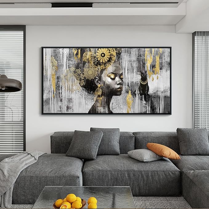 KLAKLA Black Wall Art - African American Black Girl Wall Art Colorful Black African Woman Black and Gold Picture Framed Wall Decor for Living Room Bedroom Home Decoration