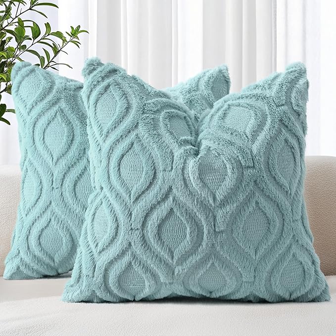 decorUhome Fall Throw Pillow Covers 22x22 Inch Set of 2, Soft Plush Decorative Faux Fur Aqua Solid Couch Pillow Covers, Accent Farmhouse Neutral Square Euro Pillow Cases for Sofa Bed Living Room