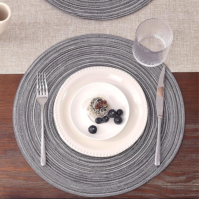 SHACOS Round Braided Placemats Set of 6 Round Table Mats 15 inch Cotton Washable for Holiday Party (Black Grey, 6)