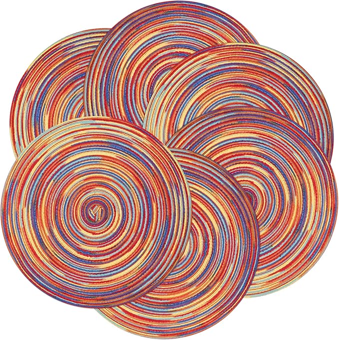 SHACOS Round Braided Placemats Set of 8 Washable 15 inch Round Table Mats Colorful Variegated Woven Place Mats for Dining Table (Rainbow Red, 8)