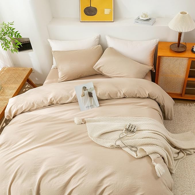 ECOCOTT Beige Duvet Cover Oversized King Size - 100% Washed Cotton Durable Soft Comfy Duvet Cover Set, 3 Pieces Duvet Cover with Zipper Closure (Khaki, 120"x 98")