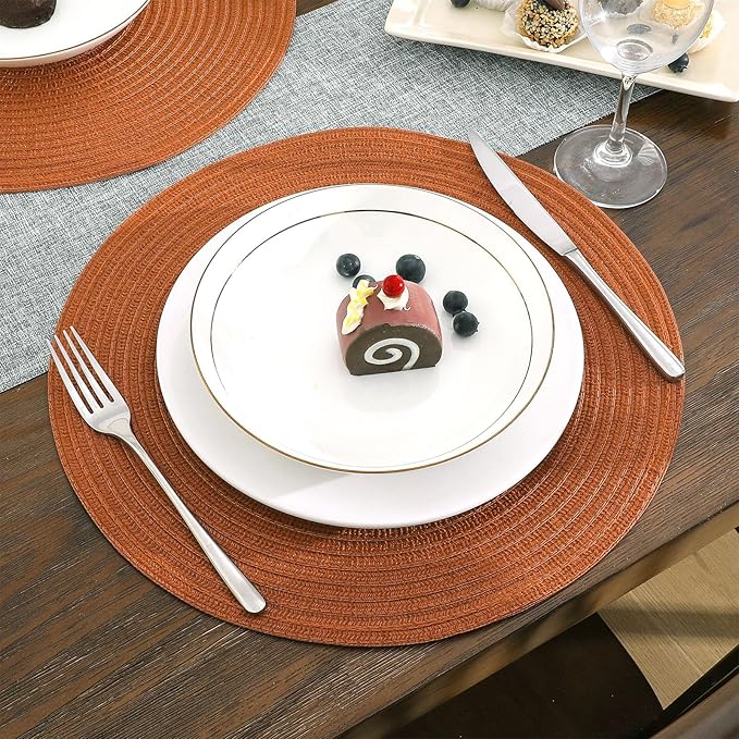 SHACOS Round Placemats Set of 6 Washable 15 inch Round Fall Placemats Cotton Polyester Woven Braided Table Place Mats for Dining Table Decor, Dark Orange
