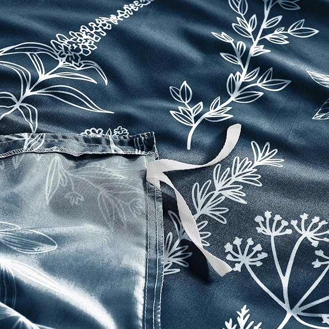 MUXHOMO Duvet Cover King Size, Reversible Floral Navy Duvet Cover Set with Zipper Closure, 3 Pieces Botanical Patterns Soft Microfiber Bedding Set (90"x104", 2 Pillow Cases 20"×36")