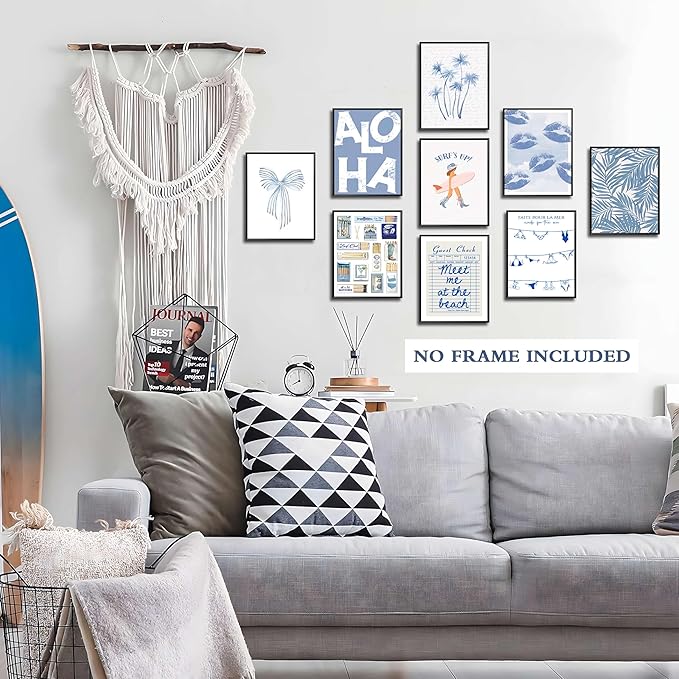 9Pcs Blue Coastal Poster Beach Cowgirl Wall Art Trendy Summer Aesthetics Painting Beachy Collage Ocean Picture Wall Decor Preppy Print for Hallway Bedroom And Living Home Frameless8x10Inch