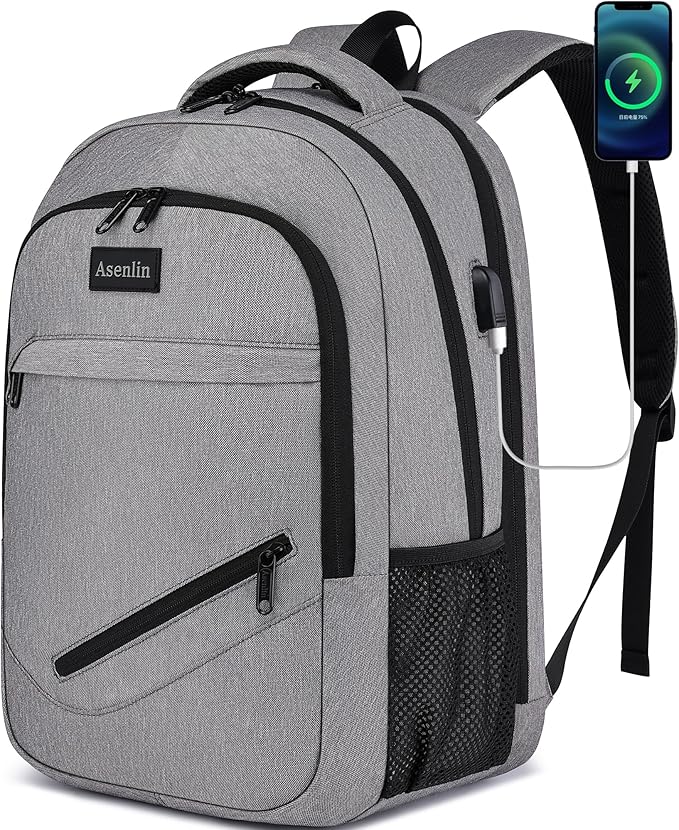 Asenlin Travel Laptop Backpack for Women & Men,Water Resistant Business Slim Sturdy Laptops Backpack with USB Charging Port,Fits 17.3 Inch Notebook College School Computer Bag-Grey