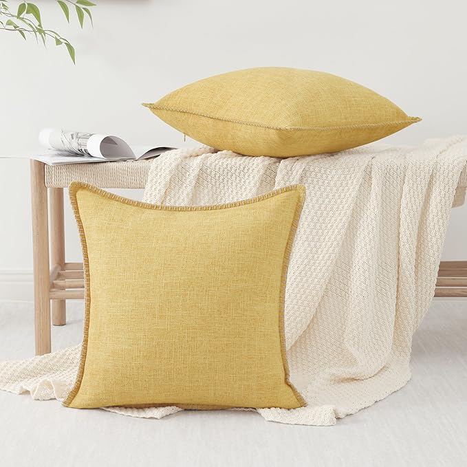 decorUhome Decorative Outdoor Throw Pillow Covers 26x26 Set of 2, Square Linen Rustic Neutral Farmhouse Euro Pillow Covers with Stitched Edge for Couch, Sofa, Living Room, Mustard Yellow