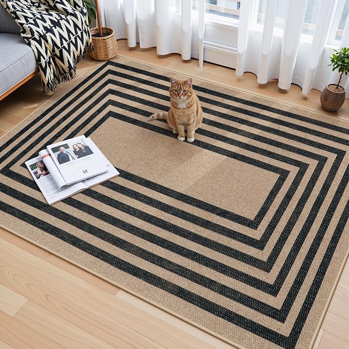 Lahome Modern Geometric Easy Jute Entryway Rug, 4x6 Black Washable Carpet for Bedroom Contemporary Thin Living Room Patio Rug, Farmhouse Non Slip Indoor Outdoor Carpet for Dining Room Backyard