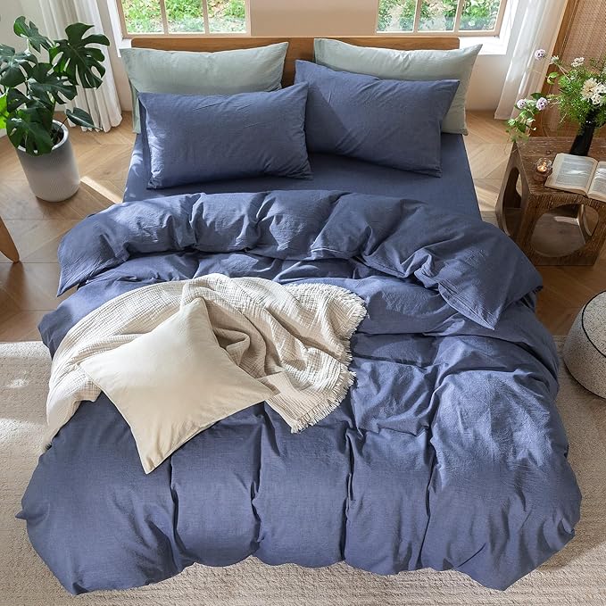 MooMee Bedding Duvet Cover Set 100% Washed Cotton Linen Like Textured Breathable Durable Soft Comfy (Heathered Blue, Oversized King Plus 128"x120")