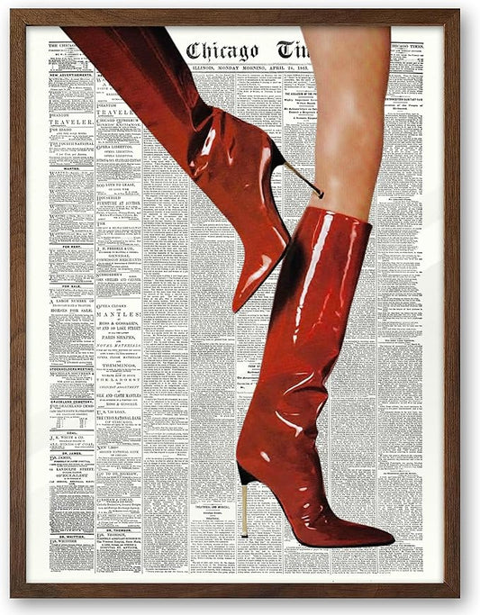 EcoHest Trendy Newspaper Red Boots Framed Wall Art, 12x16 in Walnut Color OAK Wood Fashion Icon Canvas Wall Art, Magazine Retro Home Decor, Set of 1 for Bedroom Living Room