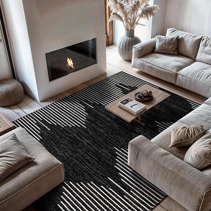 Rugshop Bohemian Stripe Stain Resistant High Traffic Living Room Kitchen Bedroom Dining Home Office Area Rug 8' x 10' Black