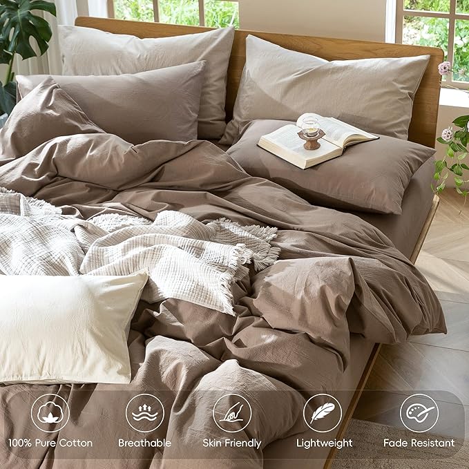 MooMee Bedding Duvet Cover Set 100% Washed Cotton Linen Like Textured Breathable Durable Soft Comfy (Solid Brown, Full 80"x90")