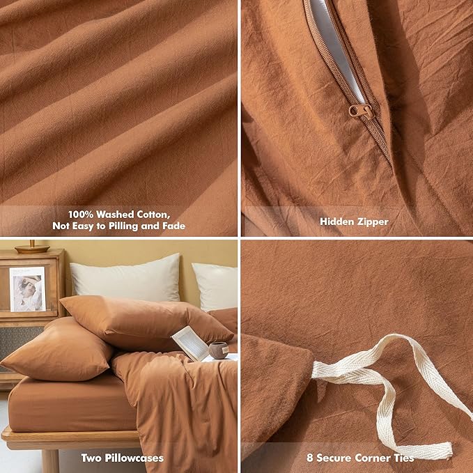 FOSSA Linen Duvet Cover Set 100% Washed Cotton Linen Feel Super Soft Breathable Cozy Simple Style 3 Pieces Bedding Sets Solid Dark Orange King