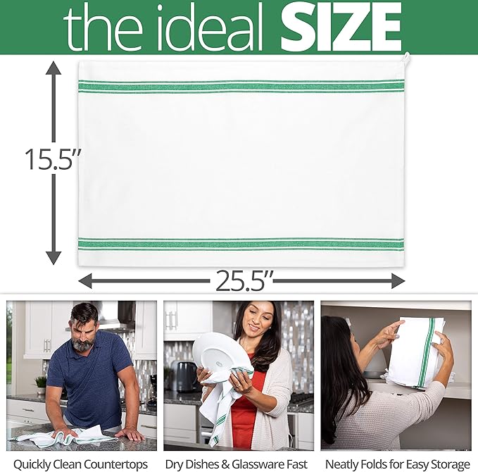 Aunti Em's Kitchen Dish Towels Set (13 Pack) Natural Cotton Fabric for Embroidery - Zero-Lint Cloth for Drying Glasses, Plates, Hand - 25.5 x 15.5 Inch (13-Pack Green Stripes)