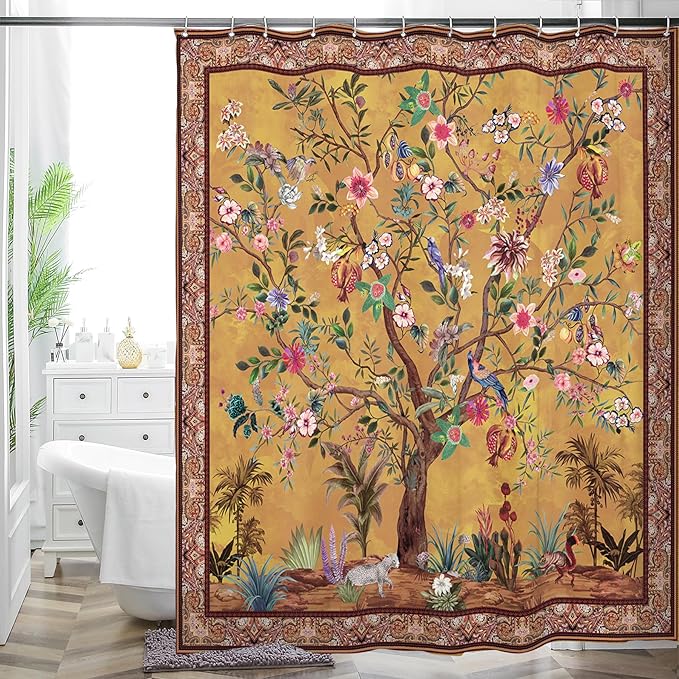 Bohemian Bathroom Curtain Colorful Boho Floral Print Beautiful Bright Polyester Fabric Cloth Shower Curtain for Bathroom Decoration, 72"x72"
