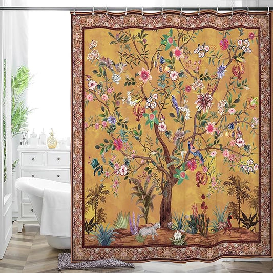 Bohemian Bathroom Curtain Colorful Boho Floral Print Beautiful Bright Polyester Fabric Cloth Shower Curtain for Bathroom Decoration, 72"x72"