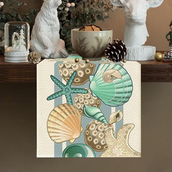 Sea Shell Table Runner Seasonal Spring Fall Kitchen Dining Linen Table Decoration for Indoor Outdoor Home Party Dinner 13x72 Inch
