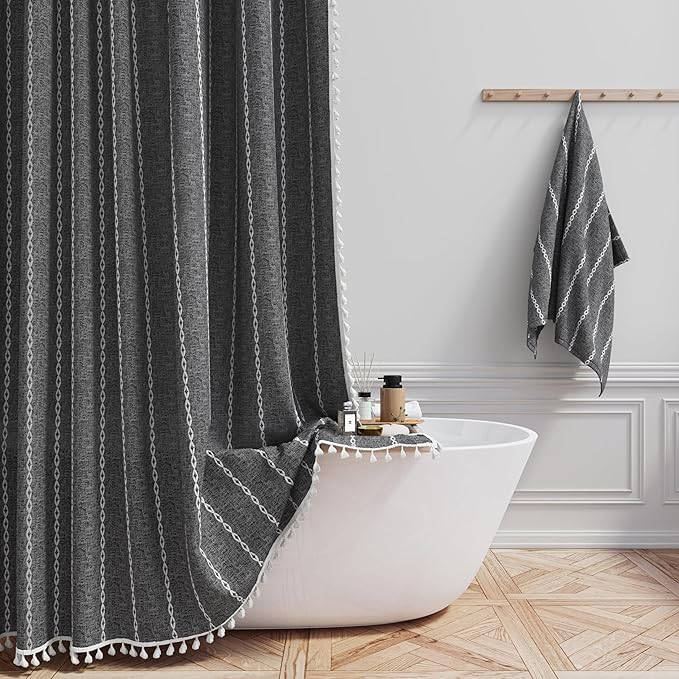 BTTN Boho Shower Stall Curtain - 36x72 Narrow Linen Thick Striped Tassel Fabric Shower Curtain Set with 6 Hooks, Modern Farmhouse Cottage Decorative Cloth Shower Curtains for Bathroom - Charcoal Grey
