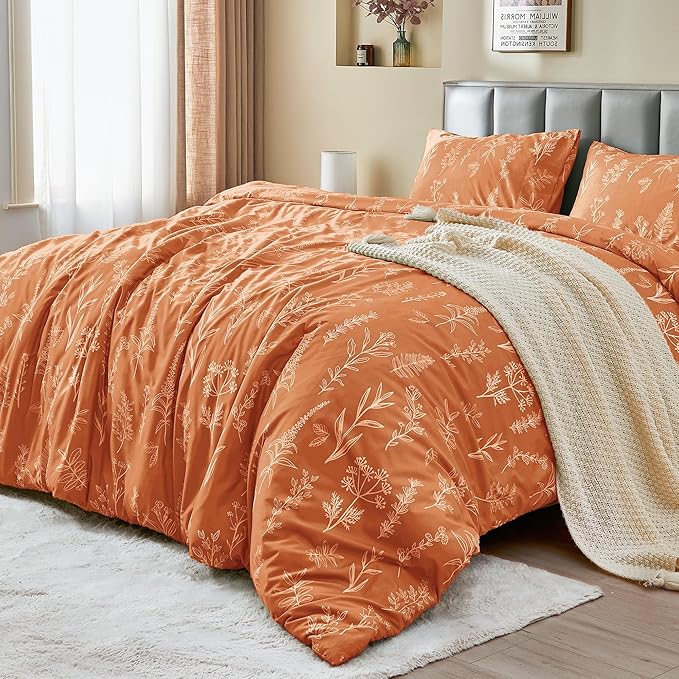 MUXHOMO Duvet Cover Queen Size, Reversible Floral Caramel Duvet Cover Set with Zipper Closure, 3 Pieces Botanical Patterns Soft Microfiber Bedding Set with 4 Ties (90"x90", 2 Pillow Cases)