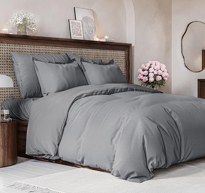 Duvet Cover Full Size Set - Extra Soft Full Size Duvet Cover 80 x 90 with 2 Pillow Shams - Hotel Luxury Easy Care & Fade Free w/Zipper Closures & Ties - Comfy Breathable Bedding Set (Heathered Grey)