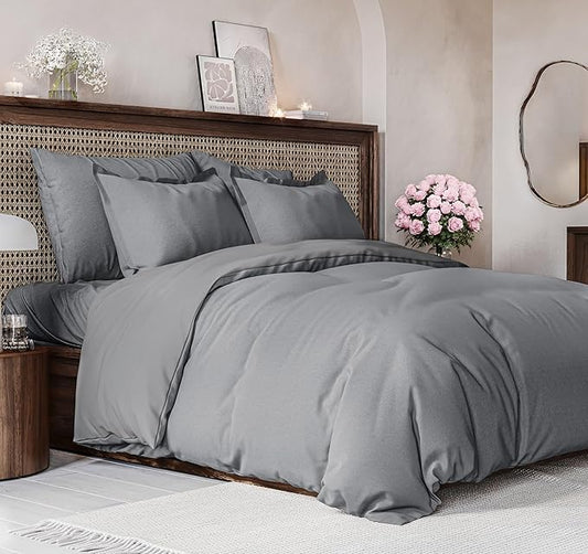 Duvet Cover Full Size Set - Extra Soft Full Size Duvet Cover 80 x 90 with 2 Pillow Shams - Hotel Luxury Easy Care & Fade Free w/Zipper Closures & Ties - Comfy Breathable Bedding Set (Heathered Grey)