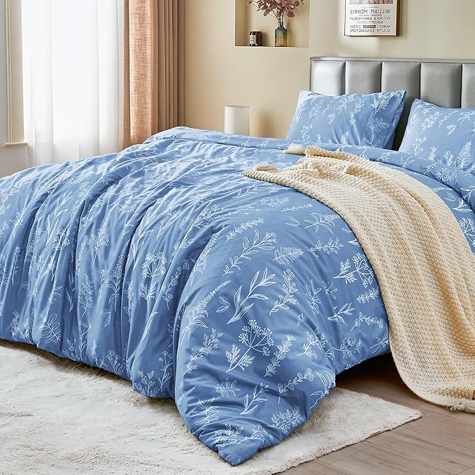 MUXHOMO Duvet Cover Full Size, Reversible Floral Ice Blue Duvet Cover Set with Zipper Closure, 3 Pieces Botanical Patterns Soft Microfiber Bedding Set with 4 Ties (80"x90", 2 Pillow Cases)