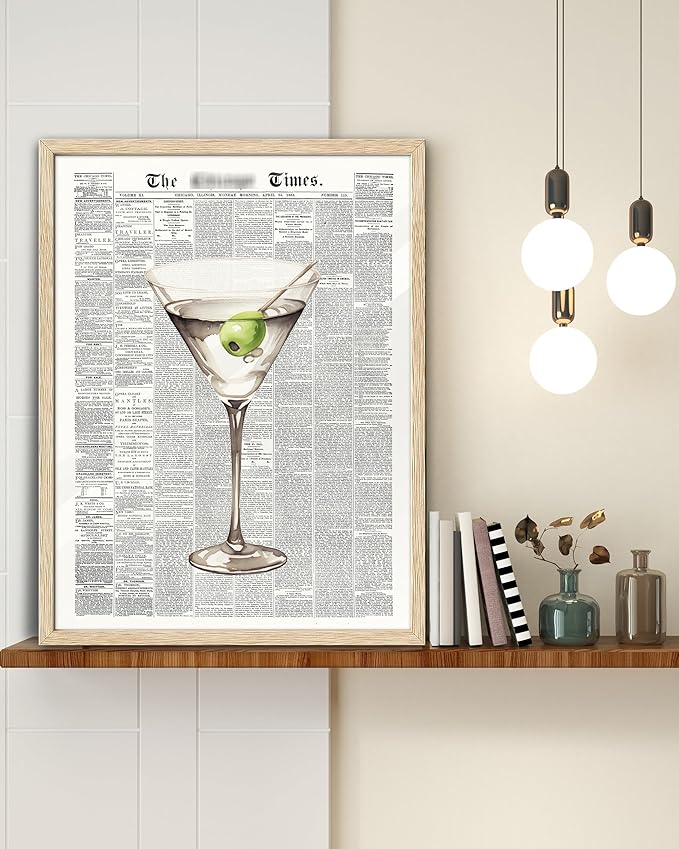 EcoHest Trendy Newspaper Martini Framed Wall Art, 16x20 in Large OAK Wood Retro Bar Cart Canvas Art, Magazine Aesthetic Apartment Art, Beige Logs Funky 70's Set of 1 for Bedroom Living Room