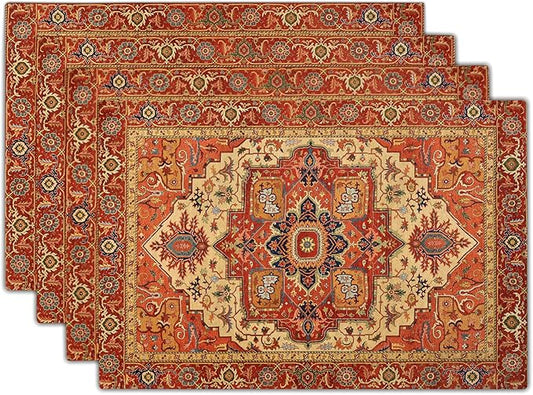 Giwawa Boho Ethnic Placemats Set of 4 Vintage Orange Brown Retro Flower Decorative Linen Table Place Mats 12"x18" Rustic Country Style Floral Place Mats Heat Resistance for Kitchen Dining Farmhouse