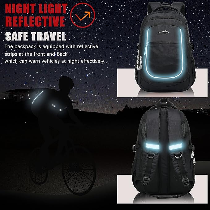 ProEtrade Anti Scratch Fabric Backpack, Black, Unisex, 20"H x 13"W x 8.2"D, 1.6 lb, 8 Pockets, 2 Laptop Compartments, Night Light Reflective Design, Ergonomic Air Flow System