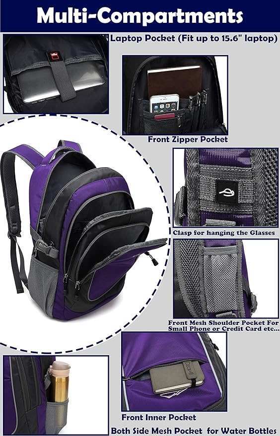 Backpack for College Sturdy Bookbag Travel Business with USB Charging Port Laptop compartment Chest Straps Anti Theft Night Light Reflective (Purple)