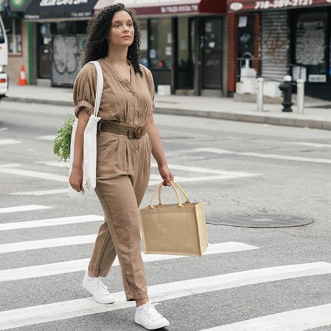 15 Pcs Jute handbag burlap tote bags Travel holiday Wedding Bridesmaids welcome bags Party Holiday Women's gifts Handmade linen DIY reusable beach sundries storage bag 15.2 x 12.2 x 6 inch