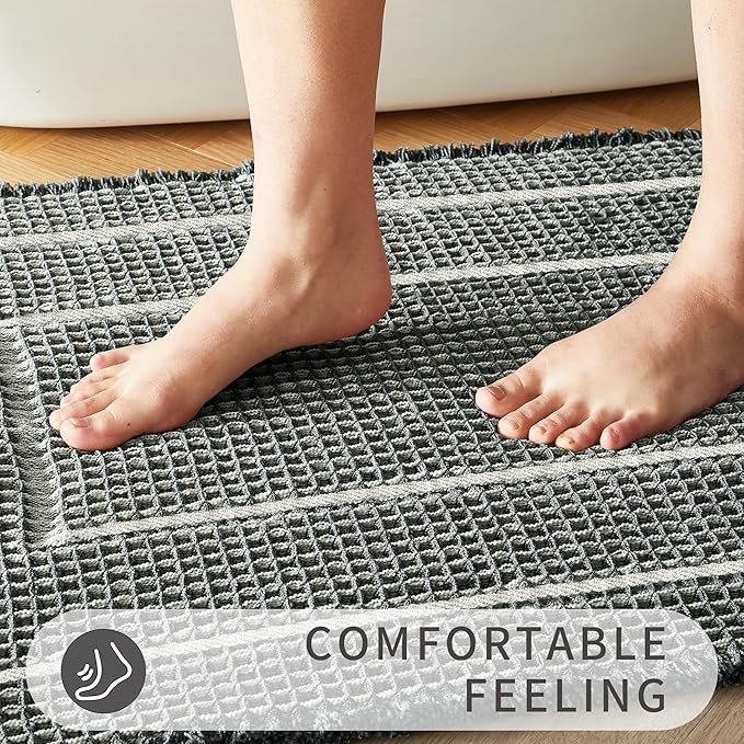 Woven Bath Mat, Upgraded Self Drying Non Slip Mat, Washable for Floor, Ultra Soft, Bluish Grey & Yellow, 19"*48" Waffle Weave