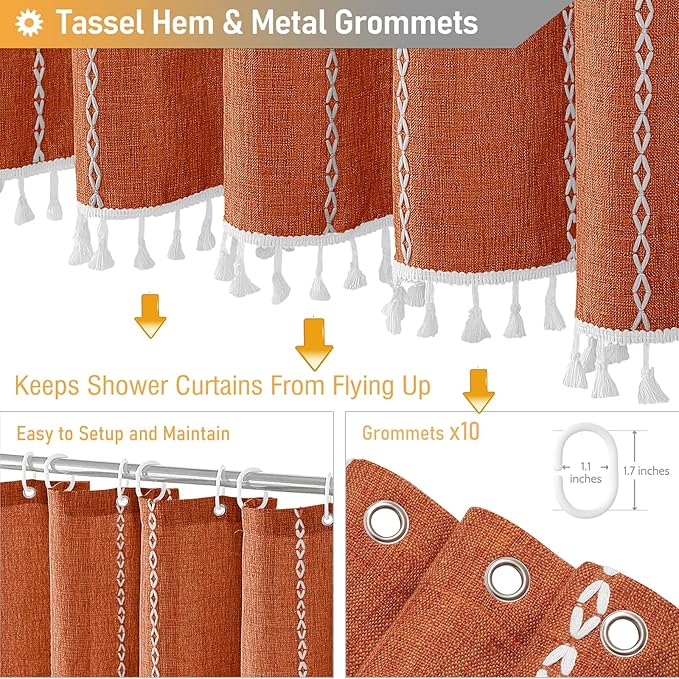BTTN Stall Shower Curtain - 60x72 Narrow Boho Farmhouse Linen Vintage Striped Fabric Shower Curtain Set with 10 Hook, Bohemian Cottage Decorative Heavy Duty Shower Curtains for Bathroom - Burnt Orange