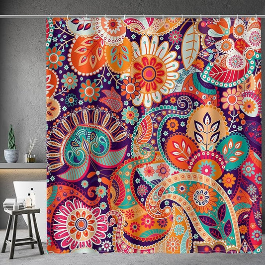 Aimego Long Boho Shower Curtain - Paisley Floral Mandala Indian Bohemian Colorful Flowers Fabric Cloth Bath Shower Curtain Set with 12 Hooks Bathroom Decor Bathtub Curtain, 72"x78"