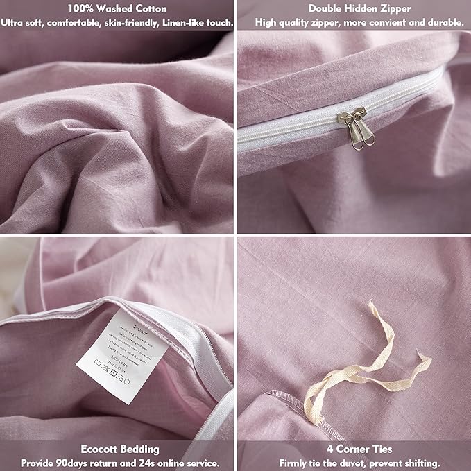 ECOCOTT Light Purple Duvet Cover King Size - 100% Washed Cotton Durable Soft Comfy Duvet Cover Set, 3 Pieces Duvet Cover with Zipper Closure (Light Purple, 104''x90'')