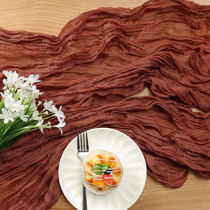 DOLOPL Fall Table Runner 10ft Rust Cheesecloth, Rustic Gauze Thanksgiving Table Runner for Baby Shower Wedding Party and Thanksgiving Table Decorations