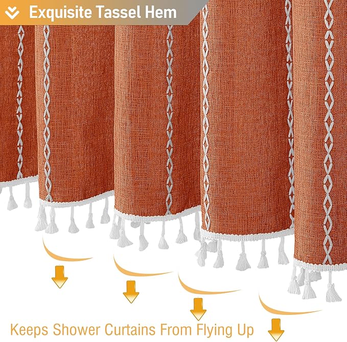 BTTN Boho Farmhouse Shower Curtain, Linen Rustic Weighted Striped Fabric Shower Curtain Set with Tassel, Water Repellent, Bohemian Vintage Country Shower Curtains for Bathroom, Burnt Orange, 72x72