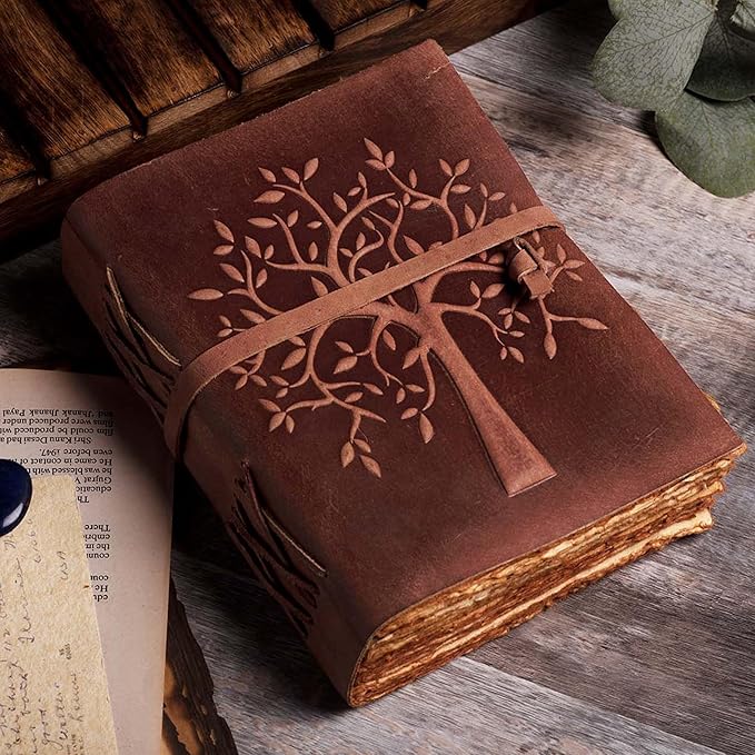 LEATHER VILLAGE Tree of Life Journal - 8"X6" (A5) inches - Red Brown - 200 Antique Deckle Edge Handmade Paper – Book of Shadows - Vintage Leather Bound Journal for Women & Men