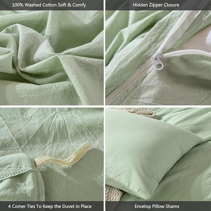 MooMee Bedding Duvet Cover Set 100% Washed Cotton Linen Like Textured Breathable Durable Soft Comfy (Heathered Seaglass Green, Cal King 104"x98")