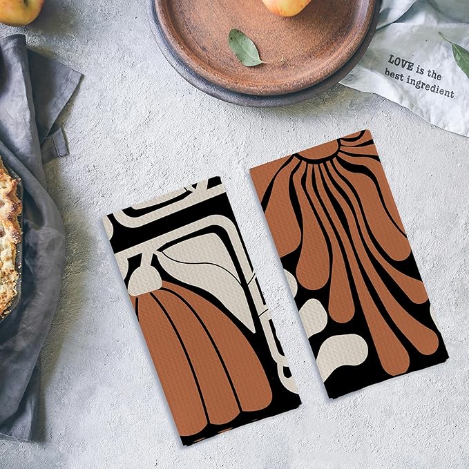 Black and White Floral Kitchen Towels, Retro 70s Groovy Hand Towels for Bathroom Decor, Modern Minimalist Botanical Dish Tea Towels for Kitchen Decor(16×24 Set of 2)