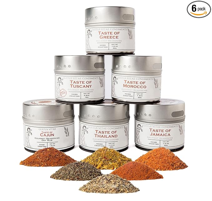 Gourmet World Flavors Seasoning Collection | Non GMO Verified | 6 Magnetic Tins | Spice Blends | Crafted in Small Batches by Gustus Vitae | #68