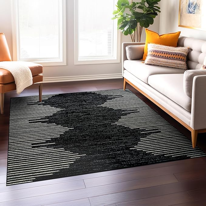 Rugshop Bohemian Stripe Stain Resistant High Traffic Living Room Kitchen Bedroom Dining Home Office Square Area Rug 6'6" x 6'6" Black
