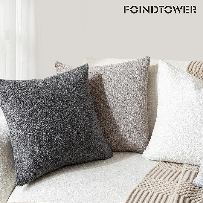 Foindtower Set of 2, Decorative Textured Boucle Throw Pillow Covers Accent Solid Pillow Cases Soft Cozy Couch Cushion Case for Chair Sofa Bedroom Living Room Home Decor 26 x 26 Inch Neutral Grey