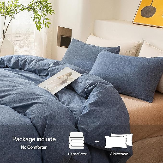 ECOCOTT Denim Blue Duvet Cover King Size, 100% Washed Cotton 1 Duvet Cover with Zipper and 2 Pillowcases, Ultra Soft and Easy Care Breathable Cozy Bedding Set (Denim Blue, King)