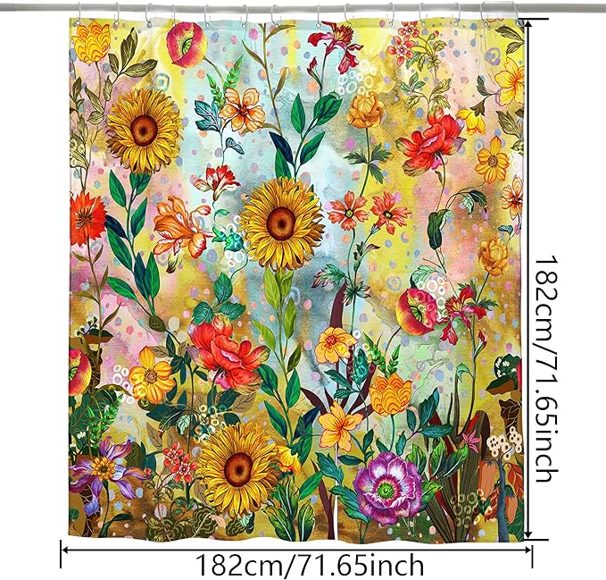 Bohemian Bathroom Curtain Colorful Boho Floral Print Beautiful Bright Polyester Fabric Cloth Shower Curtain for Bathroom Decoration, 72"x72"