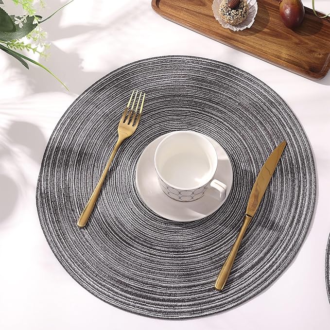 SHACOS Round Braided Placemats Set of 8 Round Table Mats for Dining Tables Non Slip Washable (Black Grey, 8)
