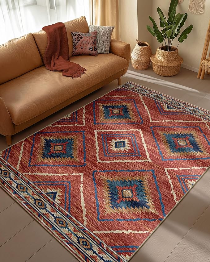 Area Rug 4x6 Rug Machine Washable Non-Slip Low Pile Print Pattern Western Rug for Living Room Bedroom Entryway Tribal Series -Red/Orange