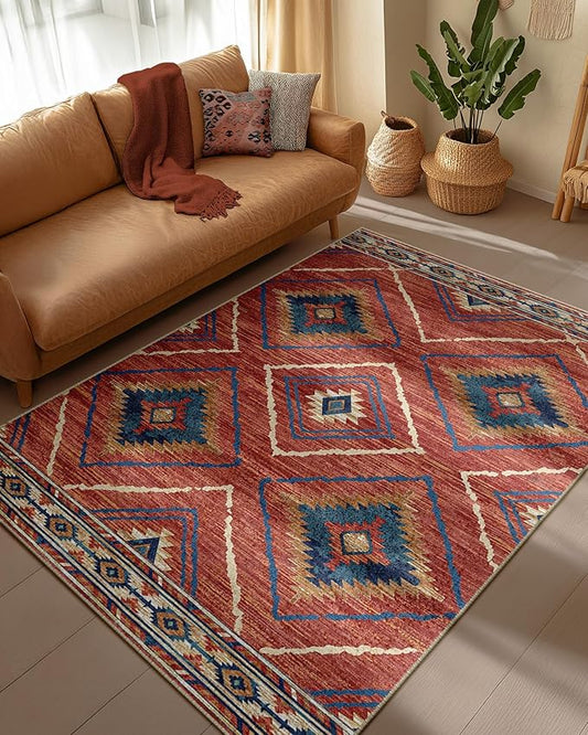 Area Rug 4x6 Rug Machine Washable Non-Slip Low Pile Print Pattern Western Rug for Living Room Bedroom Entryway Tribal Series -Red/Orange